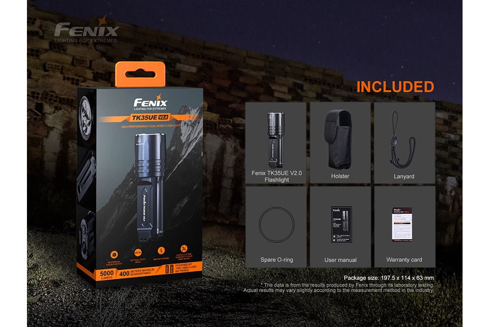 Fenix TK35UE V2.0 Flashlight with holster, lanyard, spare O-ring, manual on Tampa Home & Garden Store