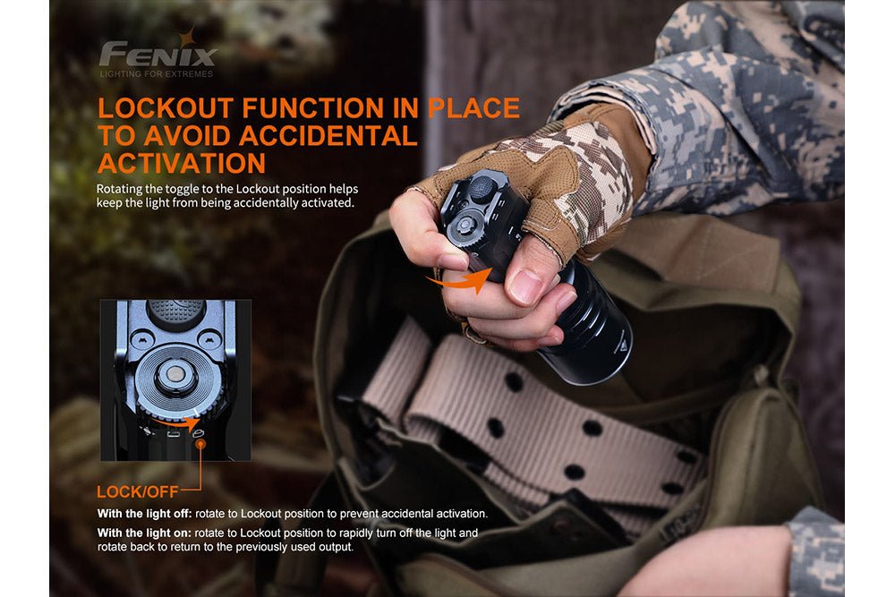 Fenix TK35UE V2.0 tactical flashlight in black with lockout activation feature on Tampa Home & Garden Store