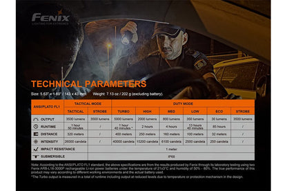 Fenix TK35UE V2.0 tactical flashlight with 5000 lumens, Fenix logo and orange spec sheet on Tampa Home & Garden Store
