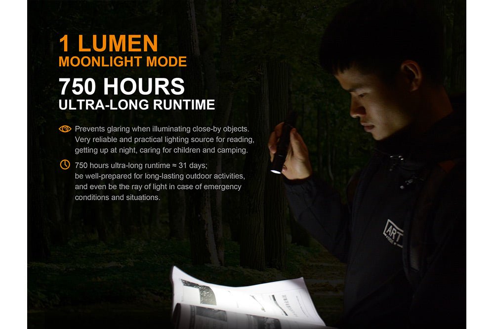 Fenix UC35 V2.0 LED rechargeable EDC flashlight in outdoor night scene with a man reading a map on Tampa Home & Garden Store