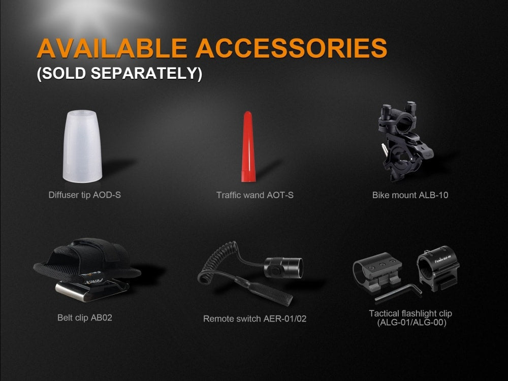 Fenix UC35 V2.0 rechargeable flashlight accessories kit with 6 items: diffuser tip, traffic wand, bike mount on Tampa Home & Garden Store