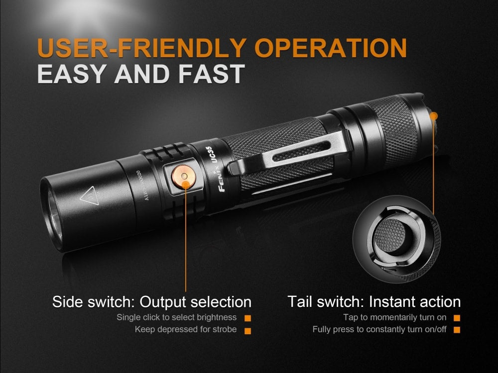 Fenix UC35 V2.0 LED rechargeable EDC flashlight black with orange side switch and pocket clip on Tampa Home & Garden Store