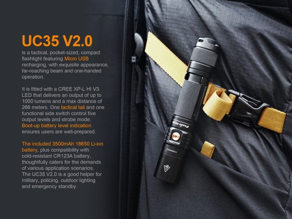 Fenix UC35 V2.0 LED rechargeable flashlight, black, clipped to a backpack strap on Tampa Home & Garden Store