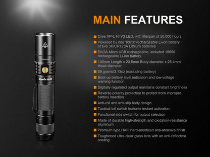 Fenix UC35 V2.0 LED rechargeable EDC flashlight, black aluminum body with knurled grip on Tampa Home & Garden Store