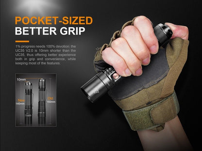 Fenix UC35 V2.0 LED rechargeable EDC flashlight, black pocket-sized grip in gloved hand on Tampa Home & Garden Store