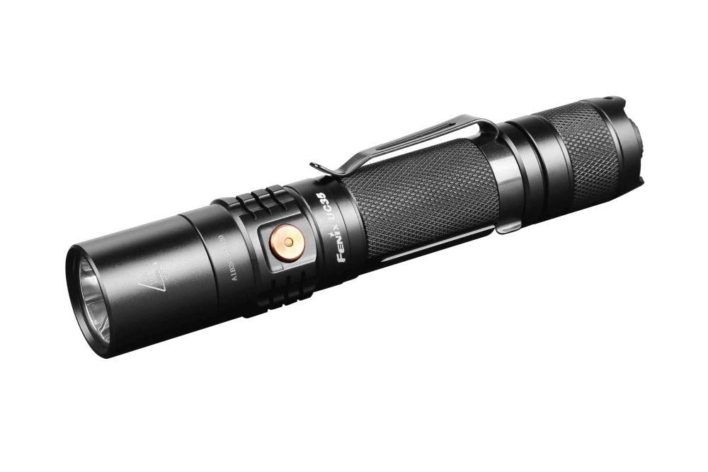 Fenix UC35 V2.0 rechargeable EDC flashlight, black knurled body with pocket clip on Tampa Home & Garden Store