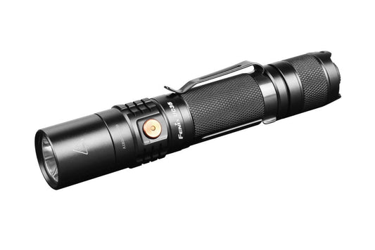 Fenix UC35 V2.0 rechargeable EDC flashlight, black knurled body with pocket clip on Tampa Home & Garden Store