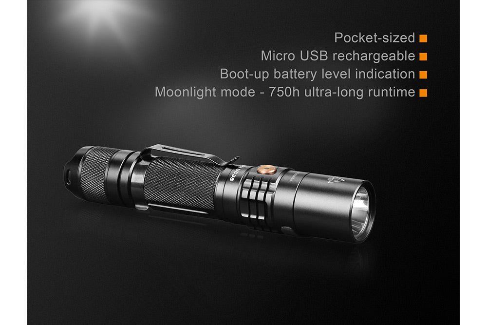 Fenix UC35 V2.0 LED rechargeable EDC flashlight in black with knurled body and pocket clip on Tampa Home & Garden Store