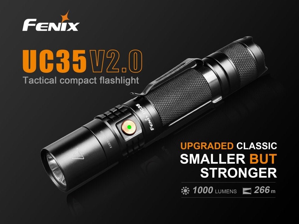Fenix UC35 V2.0 rechargeable flashlight, black aluminum body with textured grip on Tampa Home & Garden Store