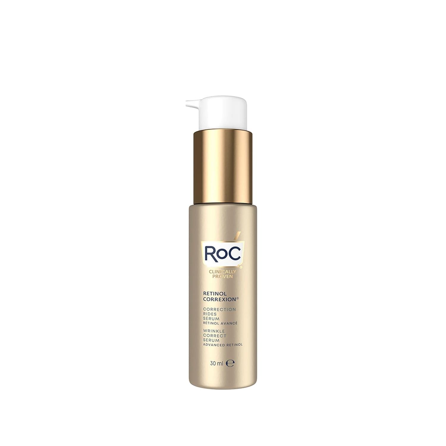 RoC Retinol Correxion anti-aging serum bottle with pump in beige-gold container, 30 ml on Tampa Home & Garden Store