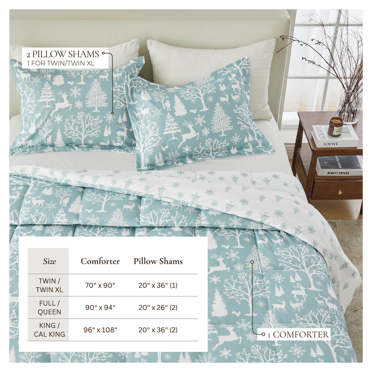 Great Bay Home Odette reversible Christmas comforter and sham set in teal winter forest print on Tampa Home & Garden Store