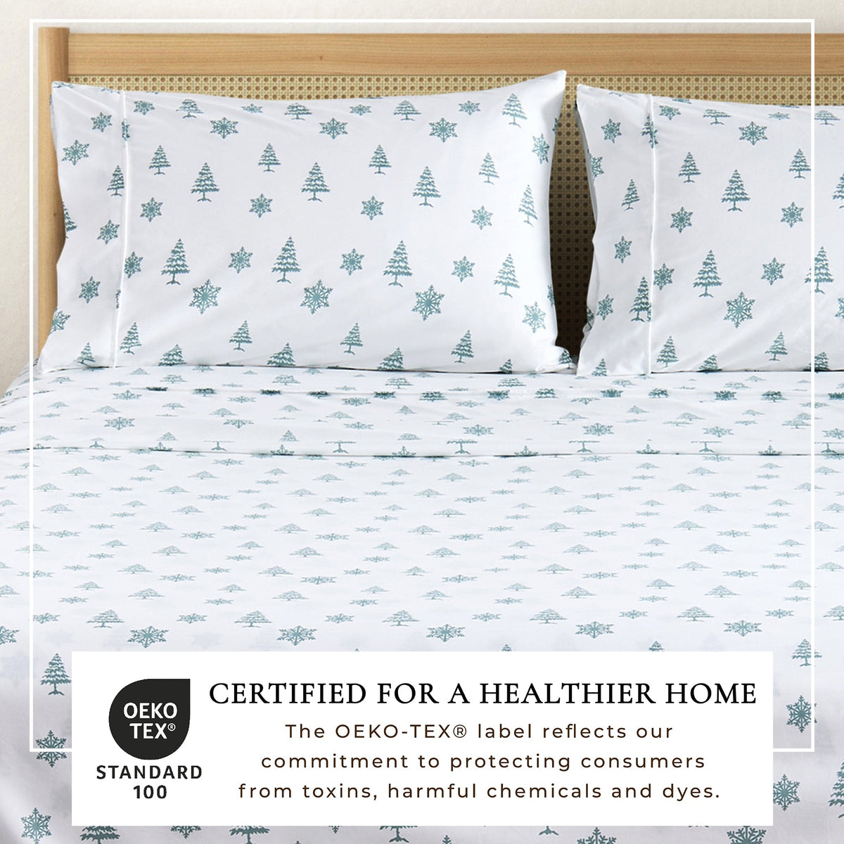 Printed Baylor sheet set by Great Bay Home in teal tree & snowflake print on white on Tampa Home & Garden Store