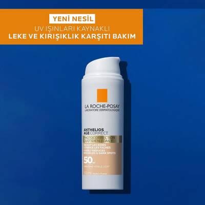 La Roche-Posay Anthelios Age Correct foundation bottle white with orange label on blue on Tampa Home & Garden Store