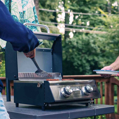 G22 Stainless Tabletop Propane Gas Grill by Monument Grills; blue steel finish with dual knobs on Tampa Home & Garden Store