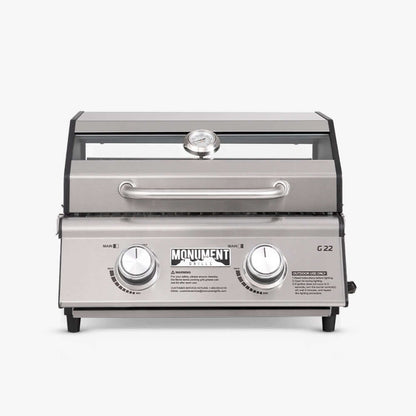 Monument Grills G22 stainless tabletop propane grill with two knobs and lid thermometer on Tampa Home & Garden Store