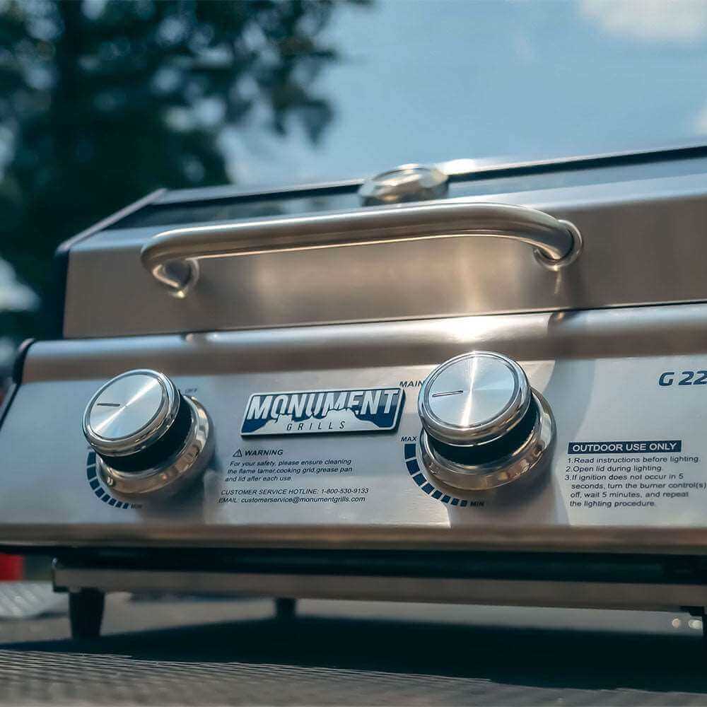 G22 stainless tabletop propane grill by Monument Grills with dual knobs on Tampa Home & Garden Store