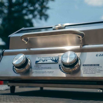 G22 stainless tabletop propane grill by Monument Grills with dual knobs on Tampa Home & Garden Store