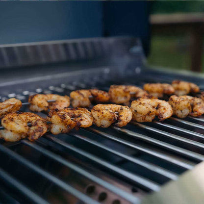 G22 stainless tabletop propane grill grilling shrimp skewers on a grate Monument Grills on Tampa Home & Garden Store
