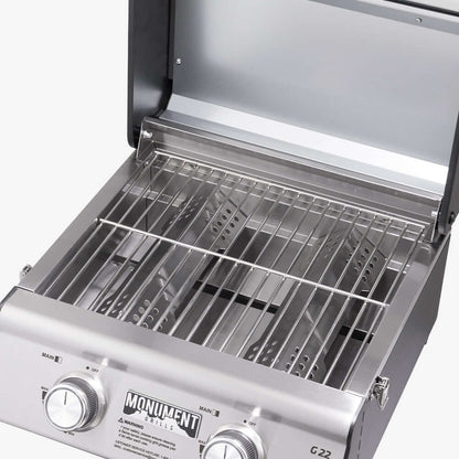 G22 stainless tabletop propane gas grill by Monument Grills with front control knobs on Tampa Home & Garden Store