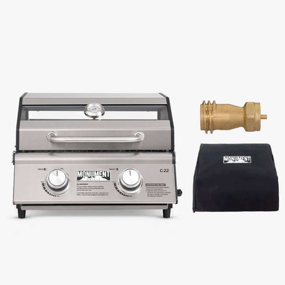 G22 stainless tabletop propane grill by Monument Grills with glass lid and dual knobs on Tampa Home & Garden Store