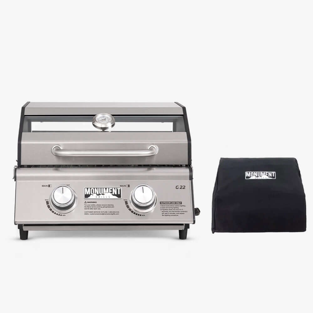 G22 stainless tabletop propane grill by Monument Grills with dual knobs on Tampa Home & Garden Store