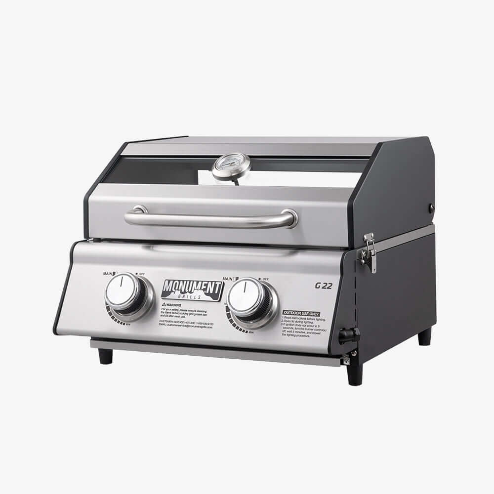 G22 stainless tabletop propane grill by Monument Grills, compact outdoor grill with dual knobs on Tampa Home & Garden Store