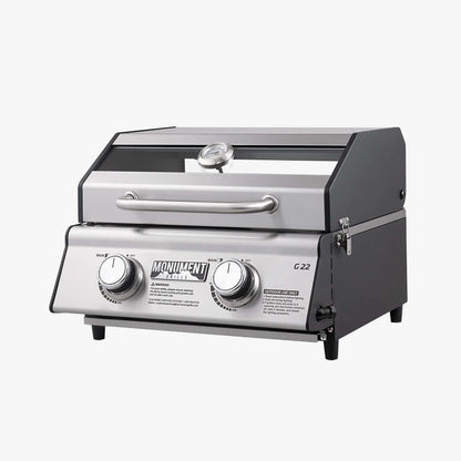 G22 stainless tabletop propane grill by Monument Grills, compact outdoor grill with dual knobs on Tampa Home & Garden Store