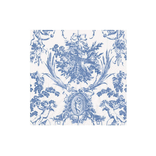 Serviettes de cocktail romantiques bleues à motif toile de Jouy - 20 par paquet