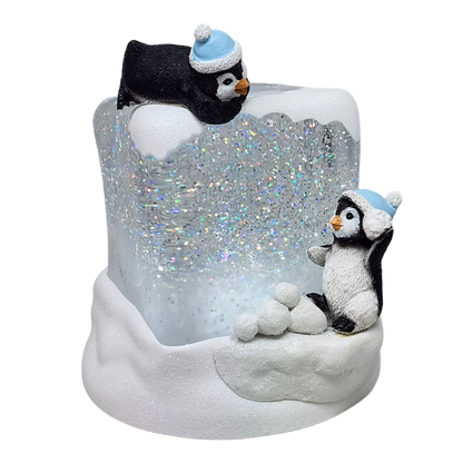 Lighted Swirl Snowglobe Cube with Penguins