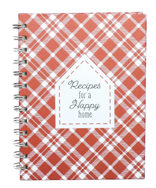 Notebook with orange plaid cover and spiral binding, label reads Recipes for a Happy Home on Tampa Home & Garden Store
