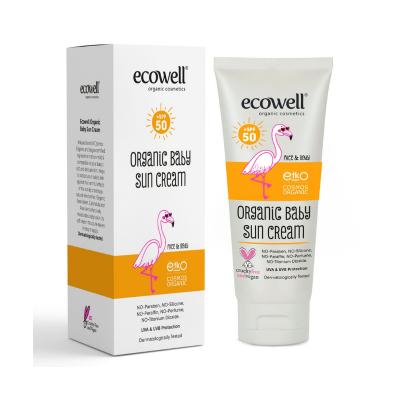 Sunscreen Ecowell Organic Baby SPF50 tube and box, white packaging with orange label on Tampa Home & Garden Store