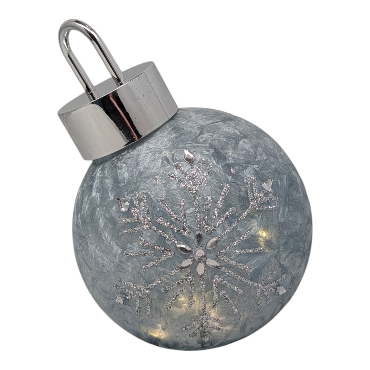 Frosted Snowflake Lighted Ornament and Blue Glass