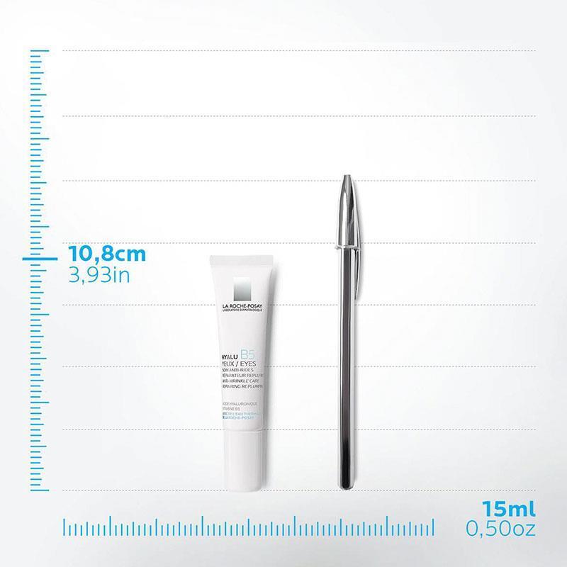 La Roche-Posay Hyalu B5 Eye Cream tube, white with blue accents, silver pen for scale on Tampa Home & Garden Store