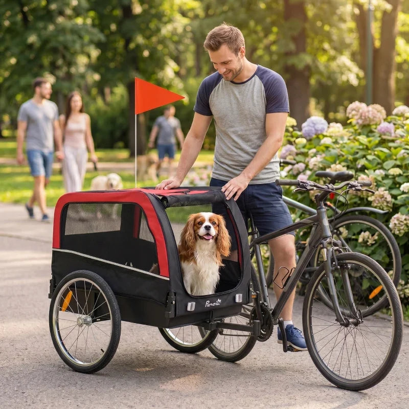Dog bike trailer by Furr Baby Gifts, red/black pet cart with 20in air tires and flag on Tampa Home & Garden Store