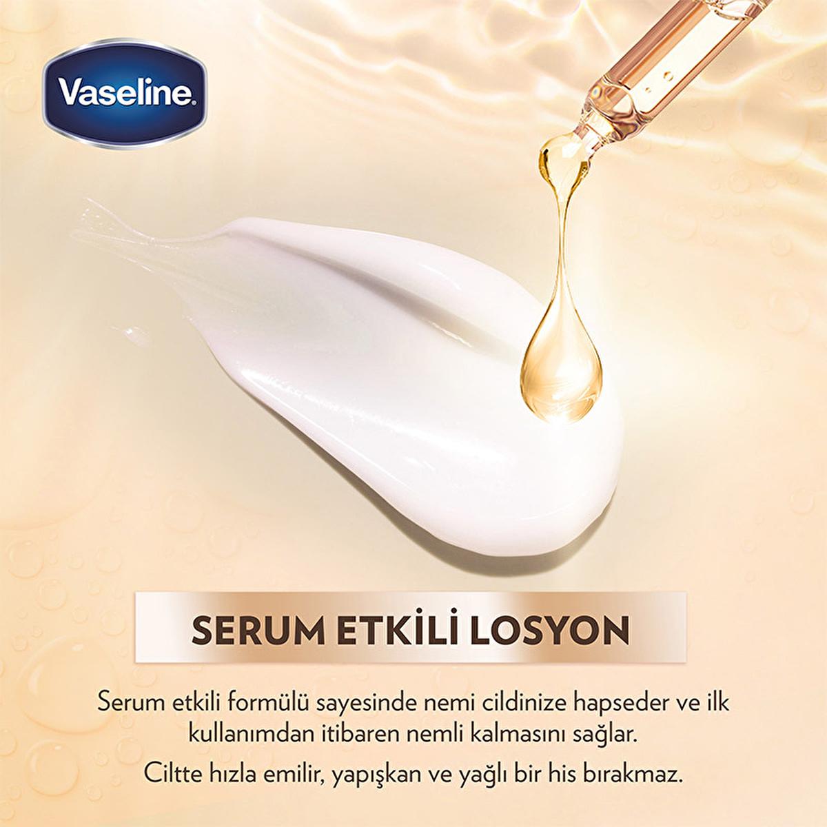 Vaseline Gluta-Hya Serum UV Hydrating Body Lotion logo dropper with serum on white lotion on Tampa Home & Garden Store