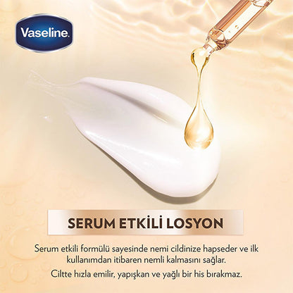 Vaseline Gluta-Hya Serum UV Hydrating Body Lotion logo dropper with serum on white lotion on Tampa Home & Garden Store