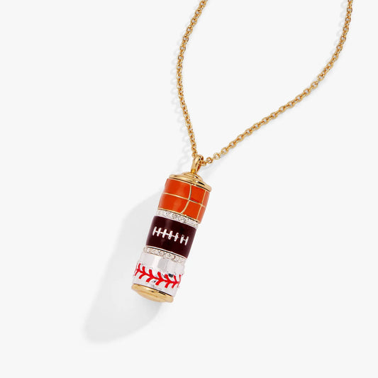Game On Spinner Pendant necklace with gold-tone chain and orange and maroon enamel segments on Tampa Home & Garden Store