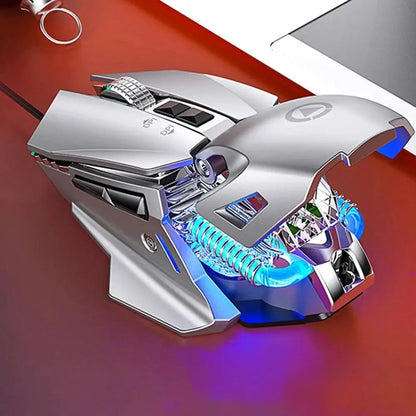 Stevvex gaming DPI wired mouse with metal bottom plate, silver body and blue LED accents on Tampa Home & Garden Store