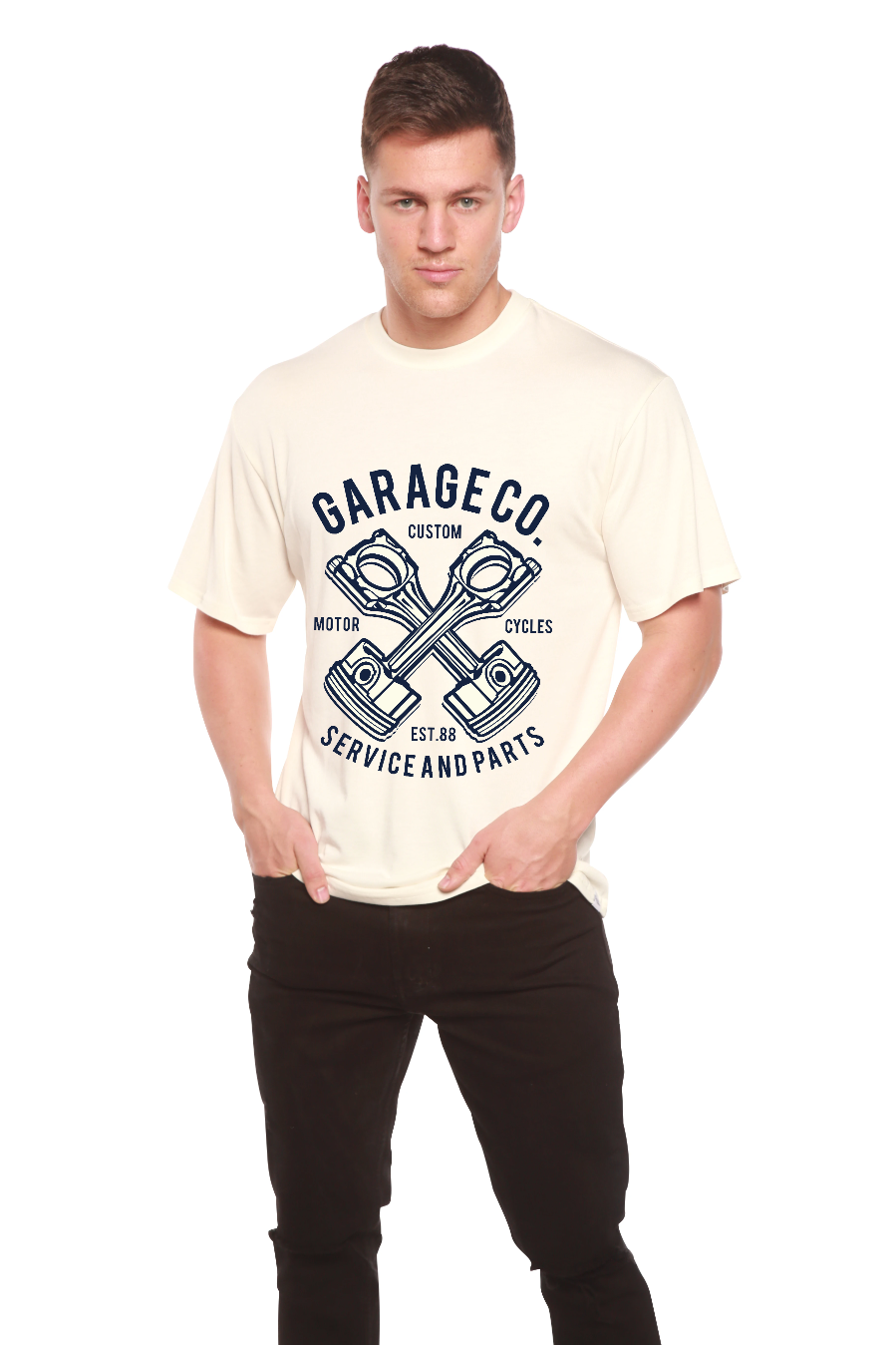 Garage Co men's short sleeve graphic tee with navy piston art bamboo viscose/organic cotton on Tampa Home & Garden Store