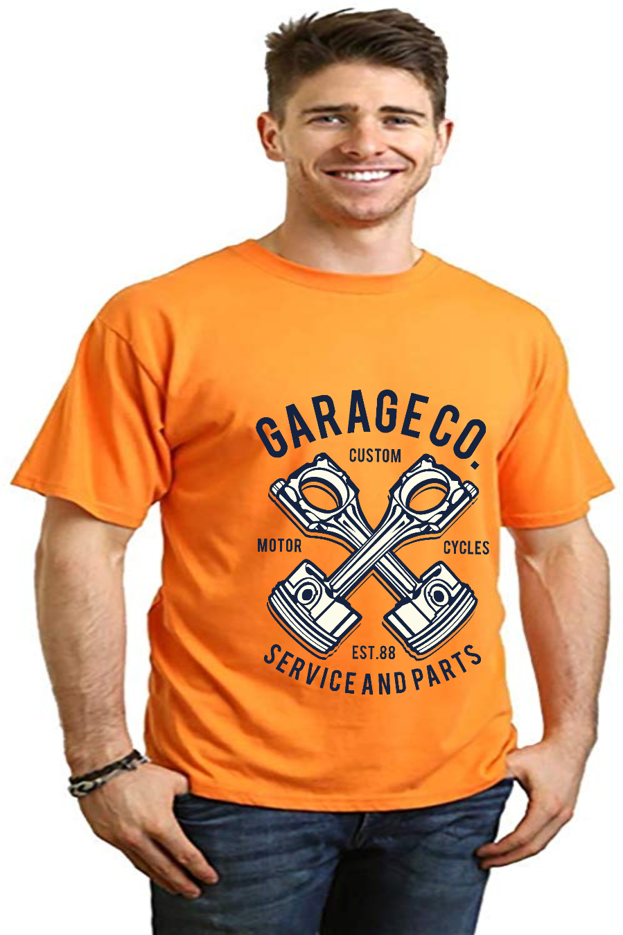 Garage Co men's bamboo viscose/organic cotton short sleeve graphic tee orange with piston print on Tampa Home & Garden Store