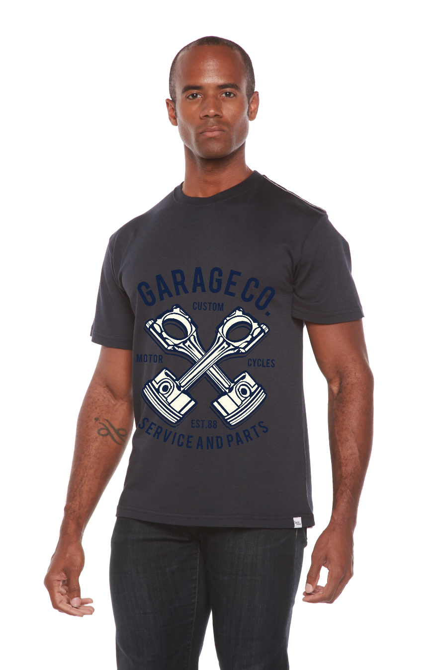 Garage Co men's graphic tee in dark navy with crossed piston design bamboo viscose/organic cotton blend Spun Bamboo on Tampa Home & Garden Store