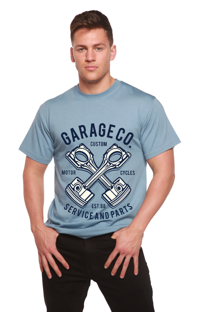 Garage Co men's bamboo viscose/organic cotton short sleeve graphic tee in light blue with navy crossed pistons on Tampa Home & Garden Store