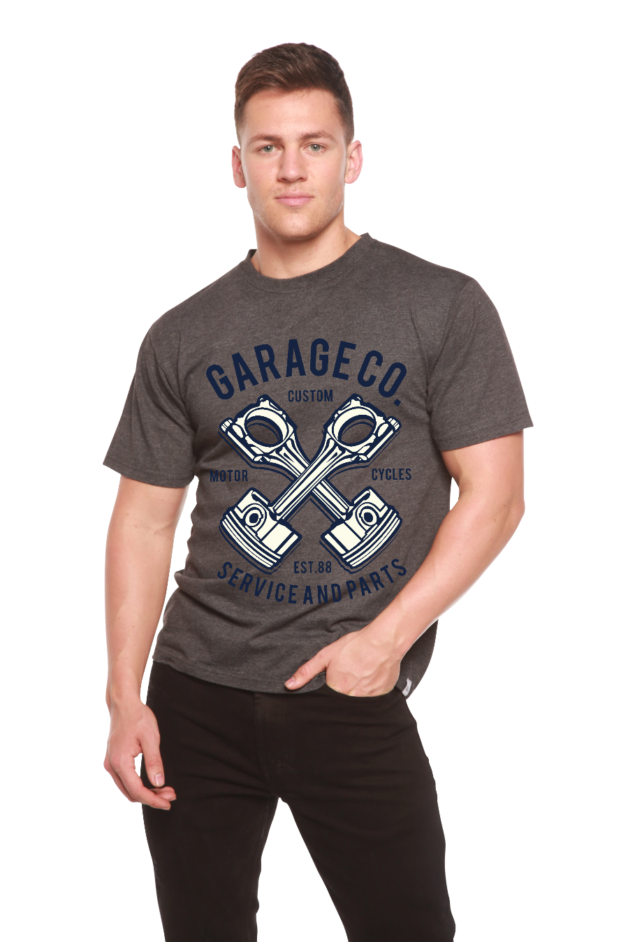 Garage Co men's tee in gray bamboo viscose/organic cotton with piston logo on Tampa Home & Garden Store