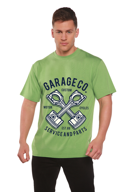 Garage Co men's graphic tee in lime green with crossed piston print by Spun Bamboo on Tampa Home & Garden Store