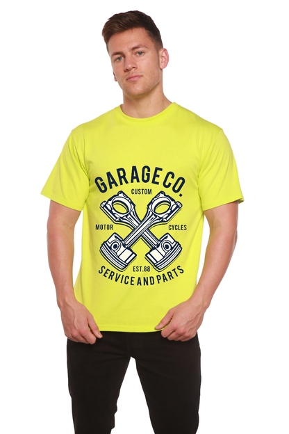 Men's neon yellow graphic T-shirt with navy piston art, Garage Co design, Spun Bamboo on Tampa Home & Garden Store