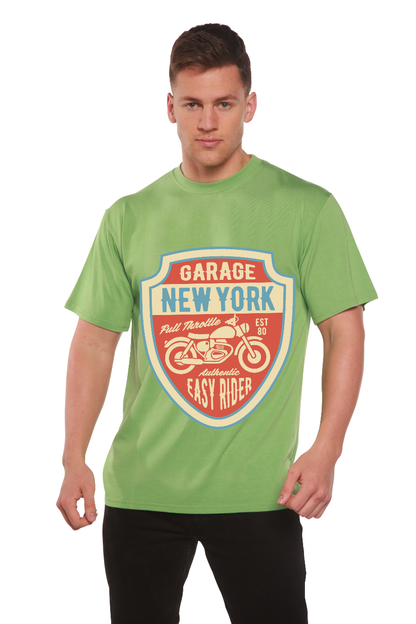 Men's lime green Spun Bamboo graphic T-shirt with Garage New York shield print on Tampa Home & Garden Store