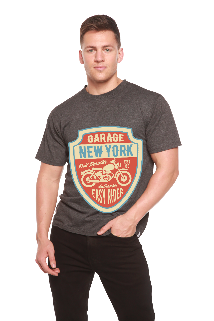 Garage New York bamboo viscose/organic cotton graphic tee with motorcycle shield heather gray on Tampa Home & Garden Store