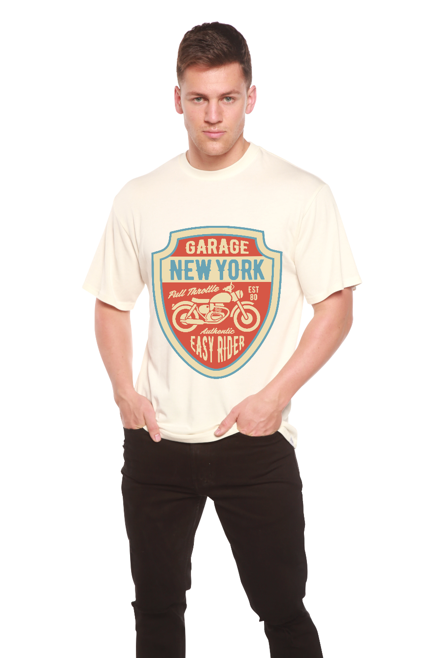 Cream short-sleeve men's graphic t-shirt by Spun Bamboo with Garage New York shield print on Tampa Home & Garden Store
