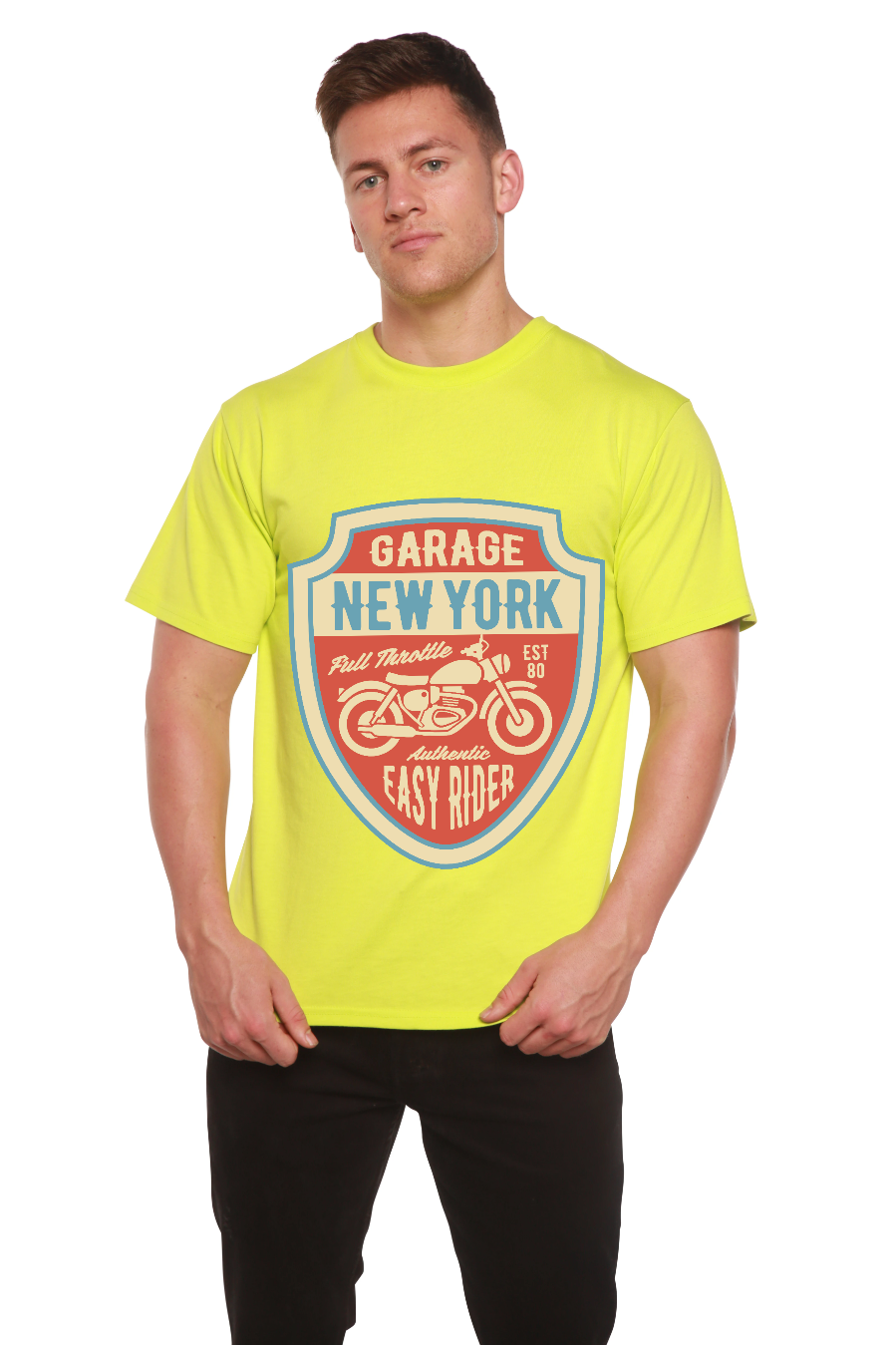 Garage New York men's graphic tee with shield motorcycle design on yellow bamboo viscose fabric on Tampa Home & Garden Store