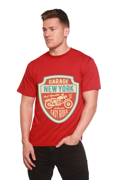 Men's red tee with Garage New York print by Spun Bamboo, viscose fabric on Tampa Home & Garden Store